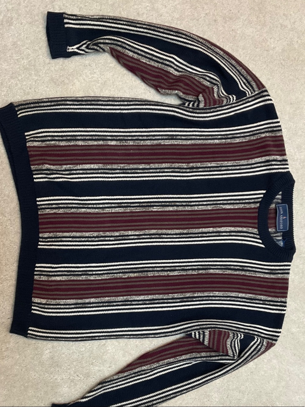 John Ashford Burgundy and White Striped Crewneck Pullover